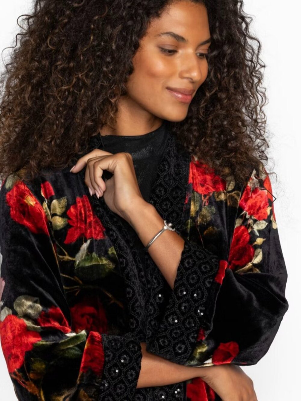 JOHNNY WAS Velvet Floral Open-Front Kimono Coat